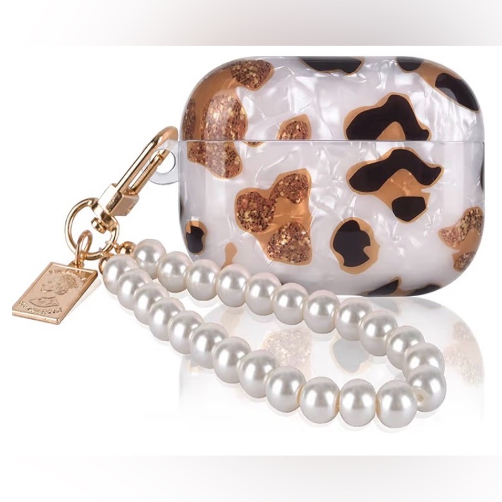 Pearl Beaded Leopard AirPods Pro 2 (2022) Case Cover - Gold & White